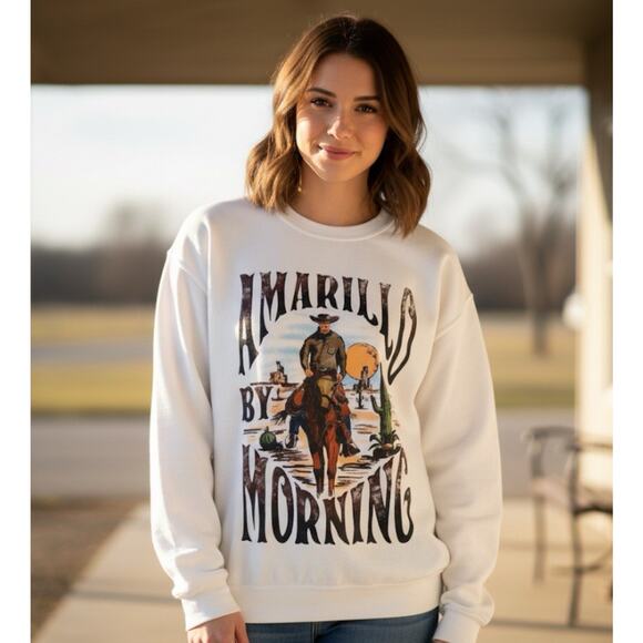 Women Amarillo by Morning Western Cowboy Country Music Crewneck Size Large White - Picture 1 of 8